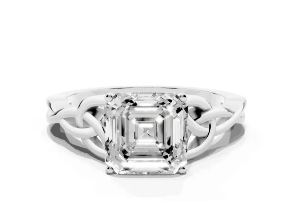Asscher Cut Diamond Solitaire Engagement Ring with Celtic Knot Band and Four-Prong Setting Platinum