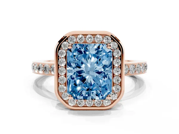 Fancy Blue Radiant Cut Diamond Halo Ring with Bezel Frame and Pavé Band Rose gold