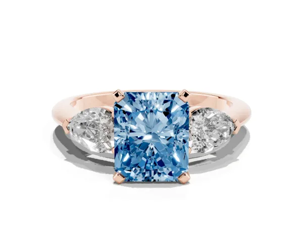 Fancy Blue Three-Stone Radiant Cut Diamond Ring with Pear Side Stones and Four-Prong Setting Rose gold