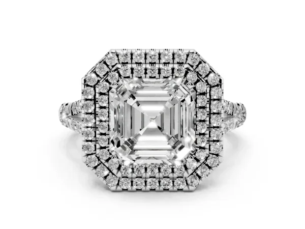 Asscher Cut Diamond Pavé Split Shank Double Halo Engagement Ring Platinum