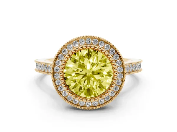 Fancy Yellow Round Cut Diamond Halo Ring with Milgrain Frame and Pavé Band Yellow gold