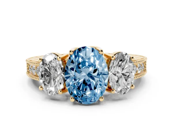 Fancy Blue Three-Stone Oval Cut Cut Milgrain Pavé Engagement Ring Yellow gold