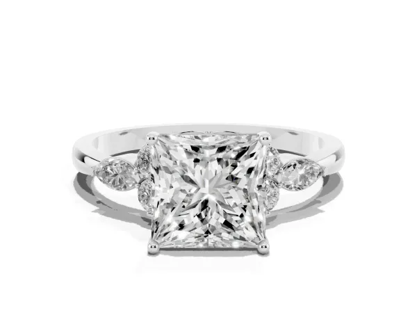 Princess Cut Brilliant Diamond Solitaire Ring with Pear Side Stones and Four-Prong Setting Platinum