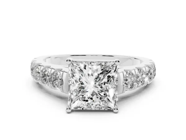 Princess Cut Cut Diamond Solitaire Ring with Micro Pave Band and Prong Setting White gold