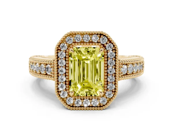 Fancy Yellow Emerald Cut Cut Halo Diamond Ring with Pavé Band and Four-Prong Setting Yellow gold