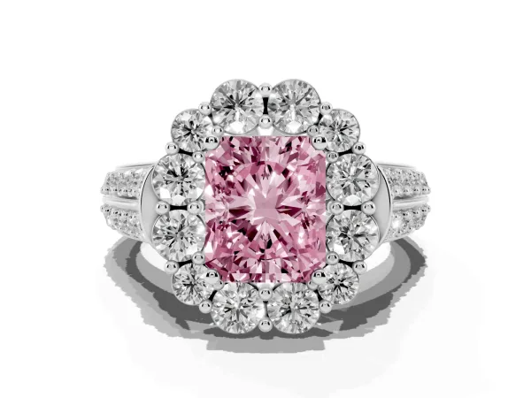 Fancy Pink Radiant Cut Halo Diamond Engagement Ring with Split Shank and Prong Setting Platinum