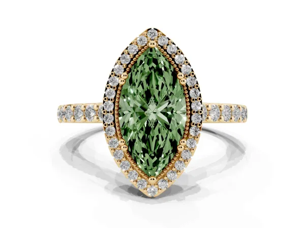Fancy Green Marquise Cut Cut Diamond Halo Engagement Ring with Milgrain Detail and Pavé Band Yellow gold