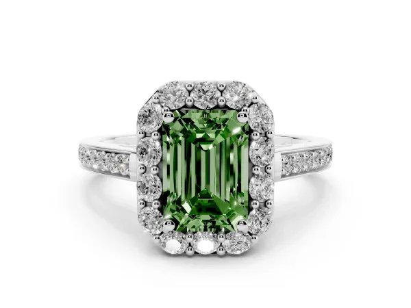 Fancy Green Emerald Cut Diamond Floral Halo Ring with Pavé Band and Prong Setting White gold