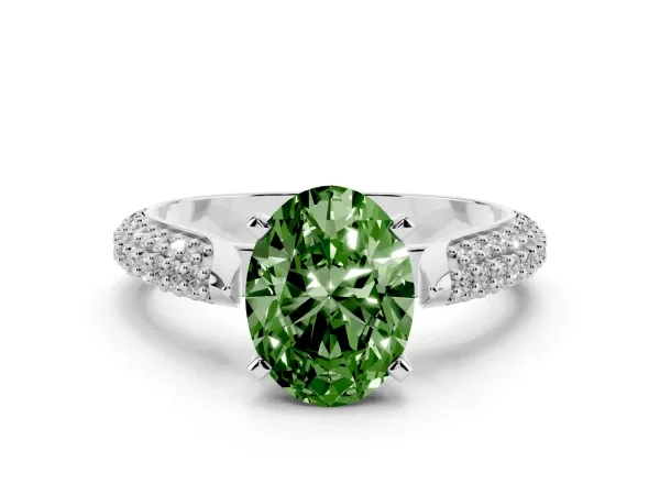 Fancy Green Oval Cut Diamond Solitaire Engagement Ring with Multi-Row Round Pavé Band and Prong Setting Platinum