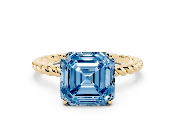 Fancy Blue Asscher Cut Solitaire Twisted Band 4-Prong Ring Yellow gold
