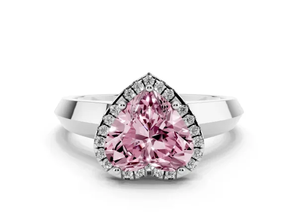 Fancy Pink Heart Cut Halo Diamond Ring with Cathedral Band and Four-Prong Setting White gold