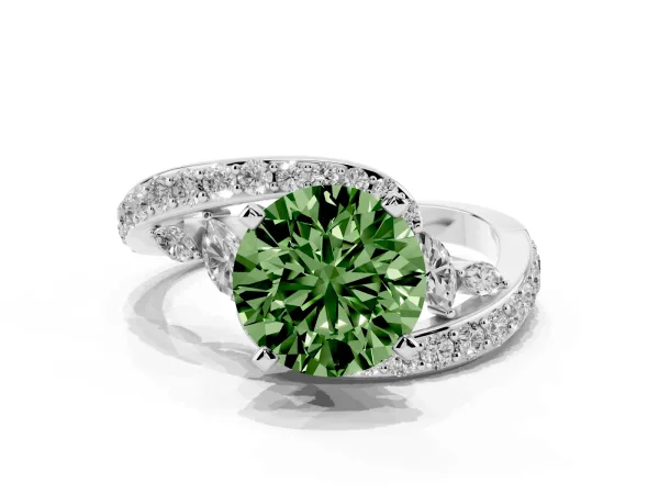 Fancy Green Round Cut Solitaire with Pavé Twist Band and Four-Prong Setting White gold