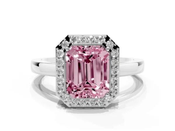 Fancy Pink Radiant Cut Halo Diamond Ring with Solitaire Band and Prong Setting Platinum