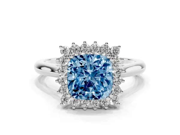 Fancy Blue Cushion Cut Cut Diamond Halo Ring with Solitaire Band and Prong Setting White gold