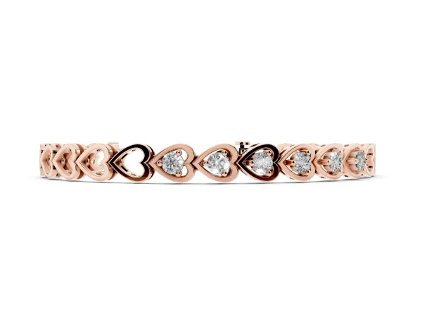 Heart Link Diamond Tennis Bracelet with Round Cut Stones and Bezel Setting Rose gold