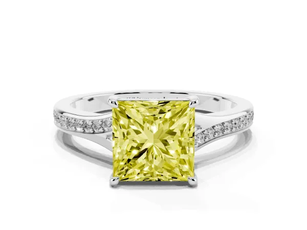 Fancy Yellow Princess Cut Diamond Solitaire Ring with Pavé Band and Prong Setting White gold