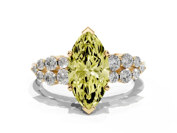 Fancy Yellow Marquise Cut Cluster Diamond Engagement Ring with Pavé Band and Four-Prong Setting Yellow gold
