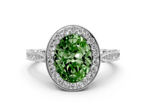 Fancy Green Oval Cut Halo Diamond Engagement Ring with Split Shank Band and Four-Prong Setting Platinum