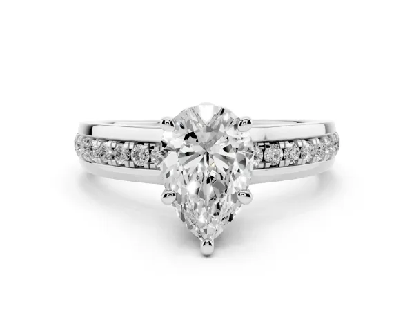 Pear Cut Solitaire Diamond Ring with Channel Set Band and Six-Prong Setting Platinum