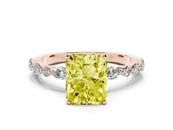 Fancy Yellow Radiant Cut Diamond Ring with Marquise and Round Side Stones and Four-Prong Setting Rose gold
