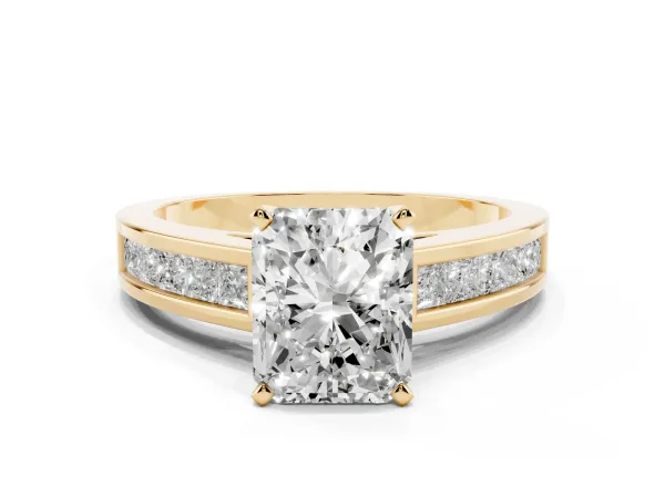 Radiant Cut Solitaire Diamond Ring with Channel-Set Band and Four-Prong Setting Yellow gold