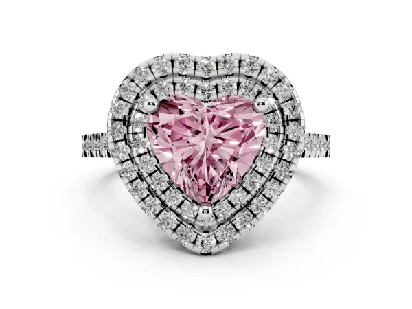Fancy Pink Double Halo Heart Cut Diamond Pavé Band with Four-Prong Setting Platinum