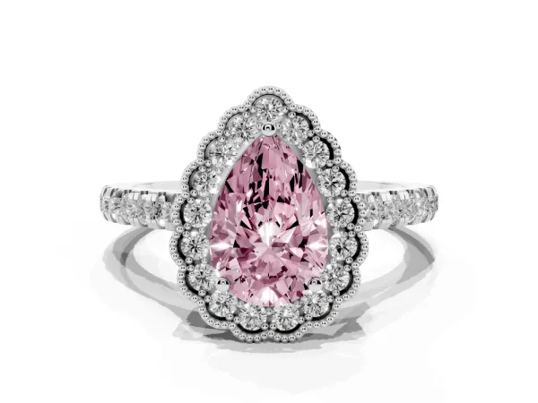 Fancy Pink Pear Cut Cut Diamond Milgrain Floral Halo Engagement Ring with Pavé Band Platinum