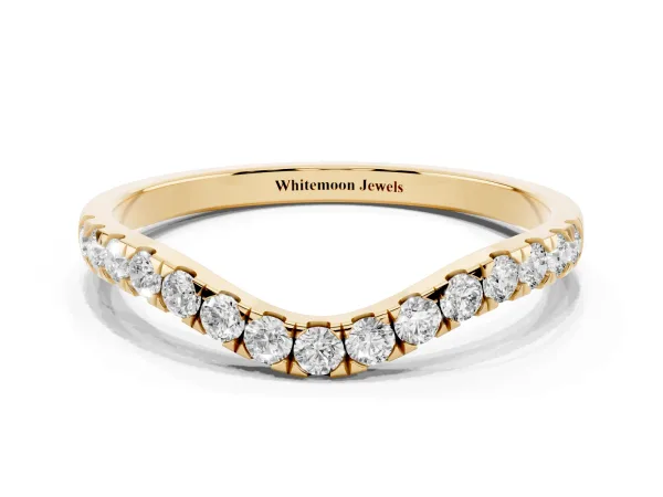 Curved Pavé Round Diamond Wedding Band with Shared Prong Setting Yellow gold