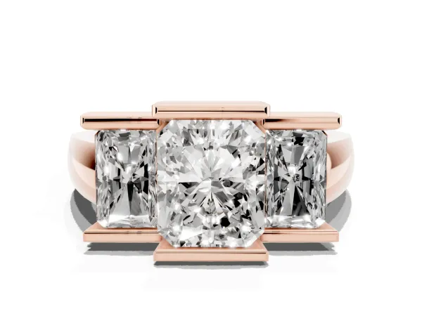 Three Stone Radiant Cut Cut Channel Set Diamond Ring Rose gold