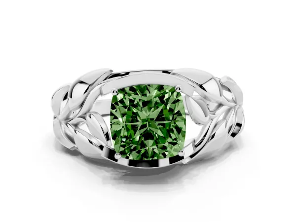 Fancy Green Cushion Cut Diamond Leaf-Inspired Engagement Ring with Round Accents and Prong Setting Platinum