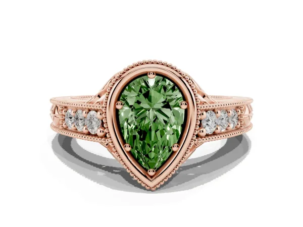 Fancy Green Bezel Set Pear Cut Diamond Milgrain Pave Engagement Ring Rose gold