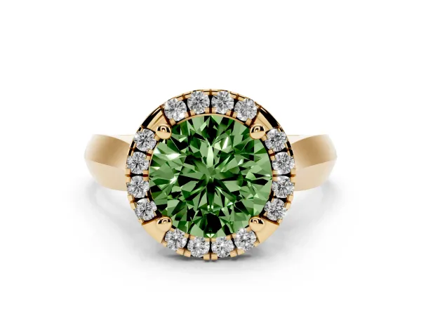 Fancy Green Round Cut Cut Halo Solitaire Engagement Ring with Square Band and Four-Prong Setting Yellow gold