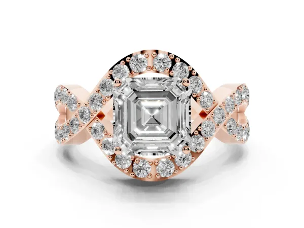 Asscher Cut Solitaire Twist Band Pavé Diamond Engagement Ring Rose gold