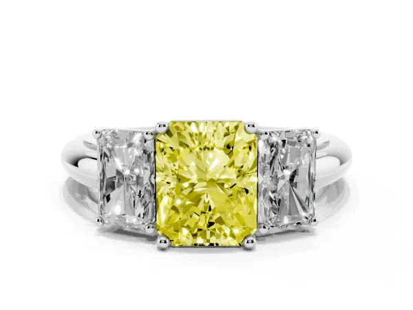 Fancy Yellow Three-Stone Radiant Cut Cut Diamond Engagement Ring with Prong Setting on a White Gold Band White gold