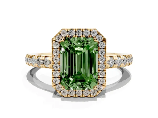 Fancy Green Emerald Cut Diamond Halo Ring with Pavé Band and Four-Prong Setting Yellow gold