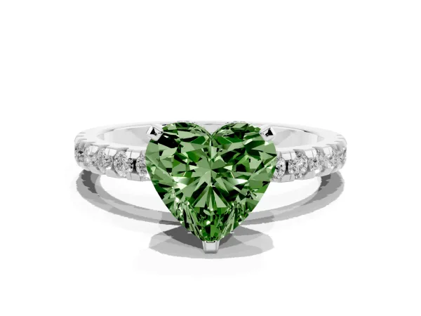 Fancy Green Heart Cut Diamond Solitaire Ring with Round Pavé Band and Four-Prong Setting Platinum