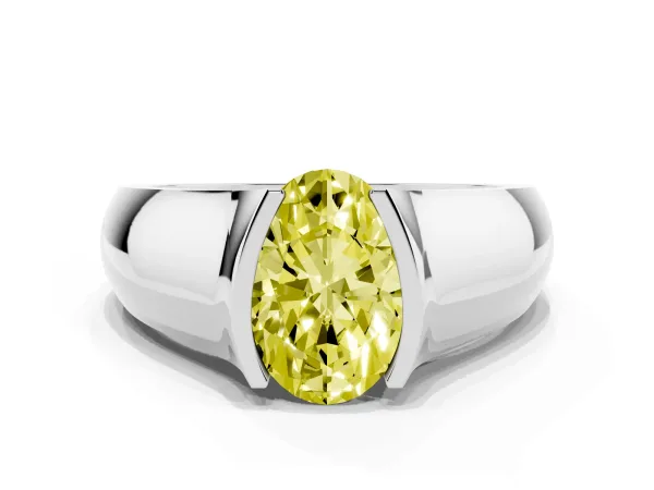 Fancy Yellow Oval Cut Solitaire Bezel Set Diamond Ring with Wide Band Silver