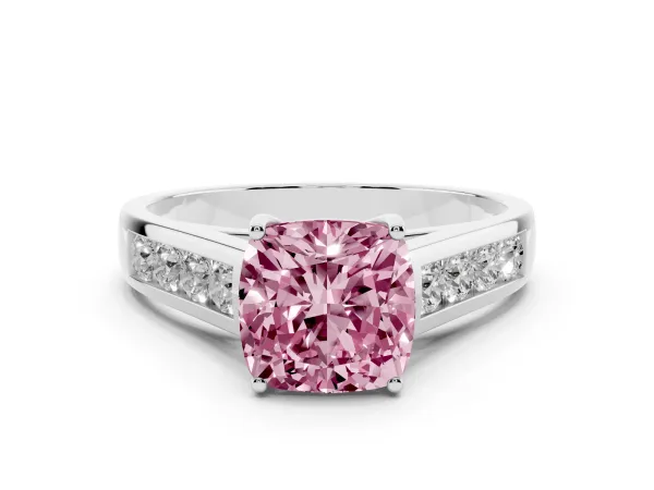 Fancy Pink Cushion Cut Brilliant Channel-Set Solitaire Ring with Four-Prong Setting Platinum