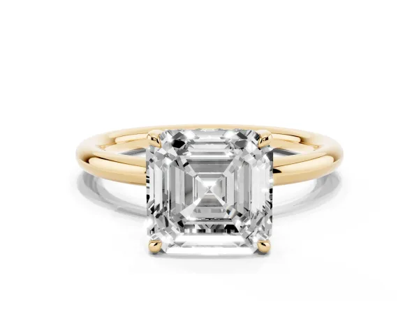 Asscher Cut Diamond Solitaire Ring with Thin Band and Four-Prong Setting Yellow gold