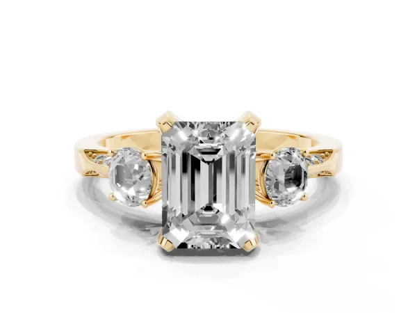 Fancy Pink Emerald Cut Brilliant Three-Stone Diamond Ring with Pavé Band and Four-Prong Setting Yellow gold