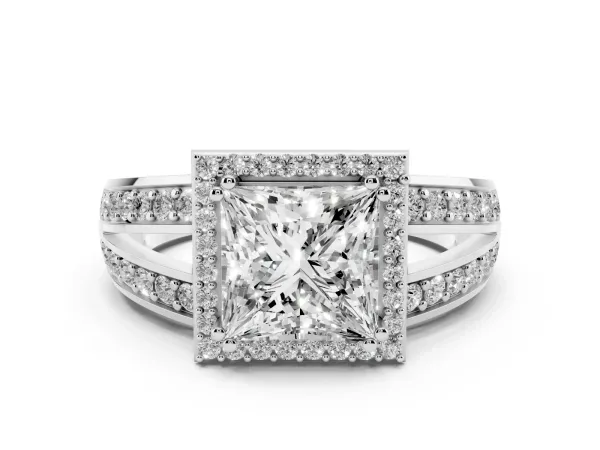 Princess Cut Diamond Halo Ring with Split Shank Pavé Band and Four-Prong Setting Platinum
