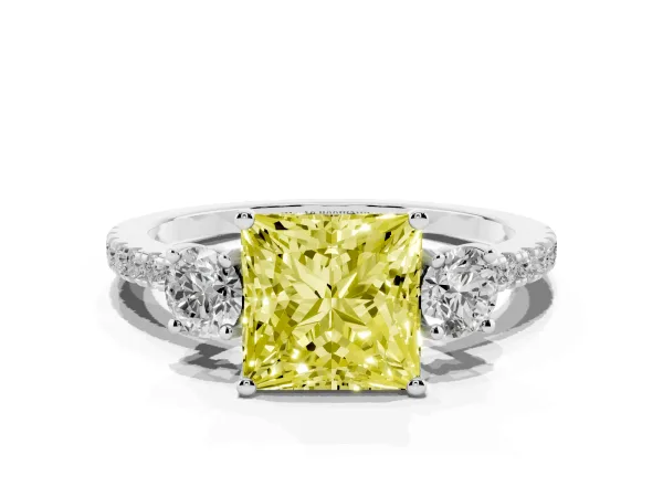 Fancy Yellow Three-Stone Princess Cut Cut Diamond Pavé Band with Prong Setting Platinum