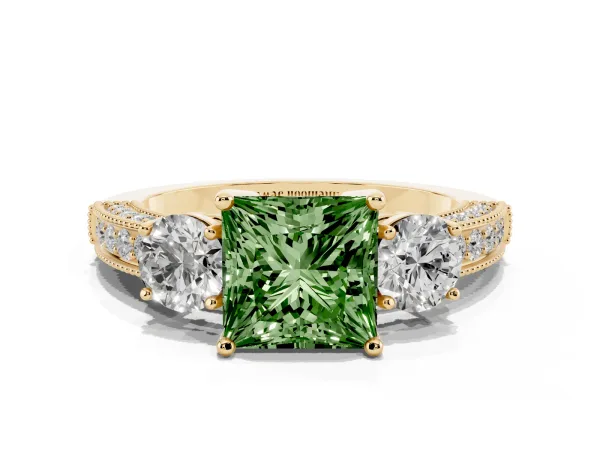 Fancy Green Princess Cut Three-Stone Diamond Ring with Pavé Band and Four-Prong Setting Yellow gold