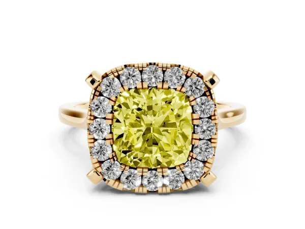 Fancy Yellow Cushion Cut Diamond Cluster Halo Solitaire with Four-Prong Setting Yellow gold
