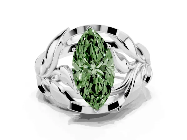 Fancy Green Marquise Cut Diamond Leaf-Inspired Engagement Ring with Round Accents and Prong Setting Platinum