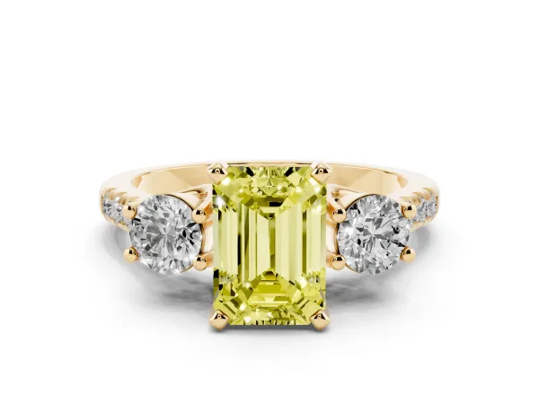 Fancy Yellow Three-Stone Emerald Cut Diamond Pavé Band with Four-Prong Setting Yellow gold