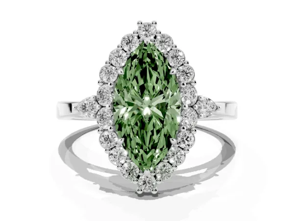 Fancy Green Marquise Cut Diamond Halo Ring with Pear Side Stones and Prong Setting Platinum