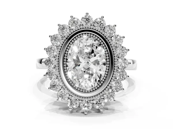 Oval Cut Halo Diamond Ring with Milgrain Edge and Round Prong Setting Platinum