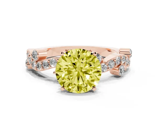 Fancy Yellow Round Cut Cut Solitaire Diamond Twisted Band with Pave Setting Rose gold