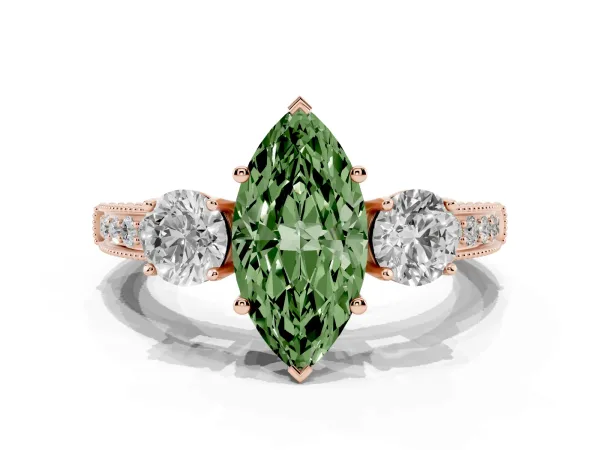 Fancy Green Marquise Cut Three-Stone Diamond Ring with Pavé Band and Four-Prong Setting Rose gold